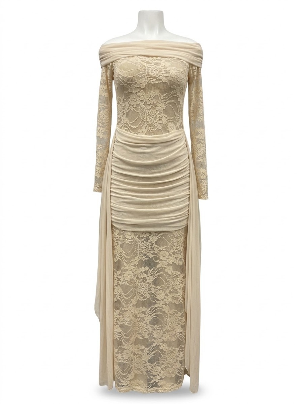 SHEIN Cream Off-Shoulder Lace Maxi Dress with Draped Skirt